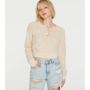 Aeropostale Cream Cropped Knit Sweater with Button Detail